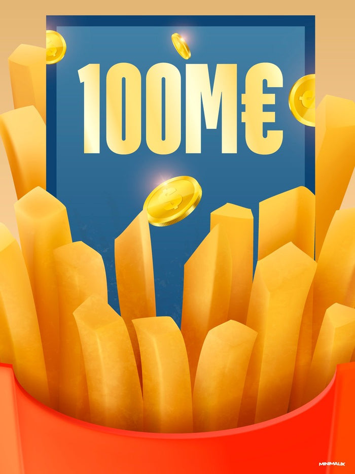 Affiche minimaliste rouge et jaune : un cornet rouge débordant de frites dorées devant un chèque bleu géant marqué cent millions, pièces d'or en suspension