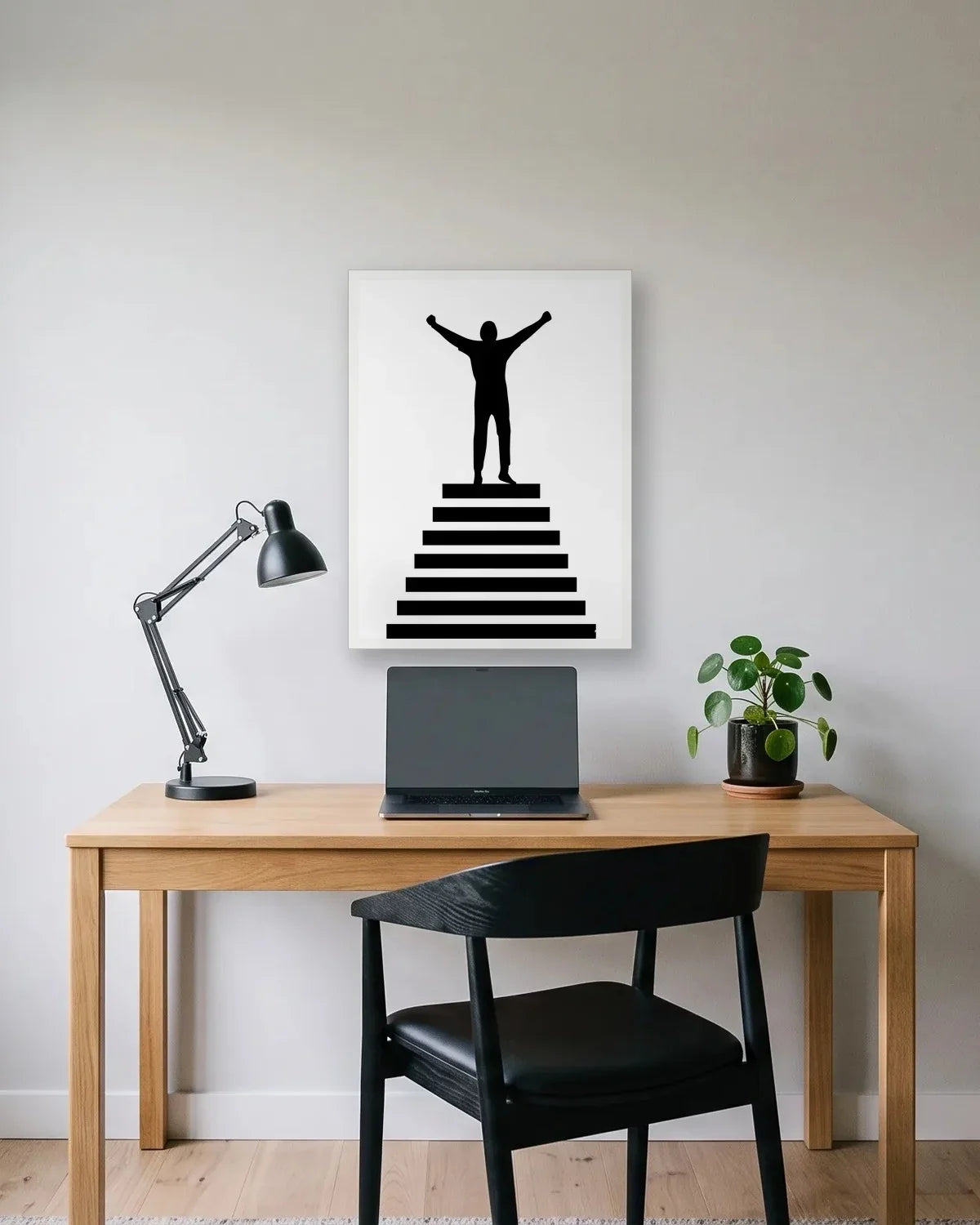 Cadeau homme original : affiche minimaliste blanche, une silhouette noire bras levés en haut d'un escalier, au-dessus d'un bureau