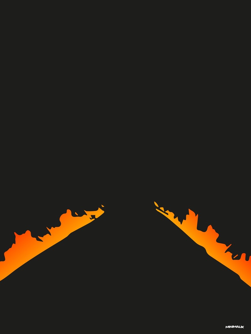 Affiche minimaliste noire : deux traînées de feu orange parallèles sur une route de nuit