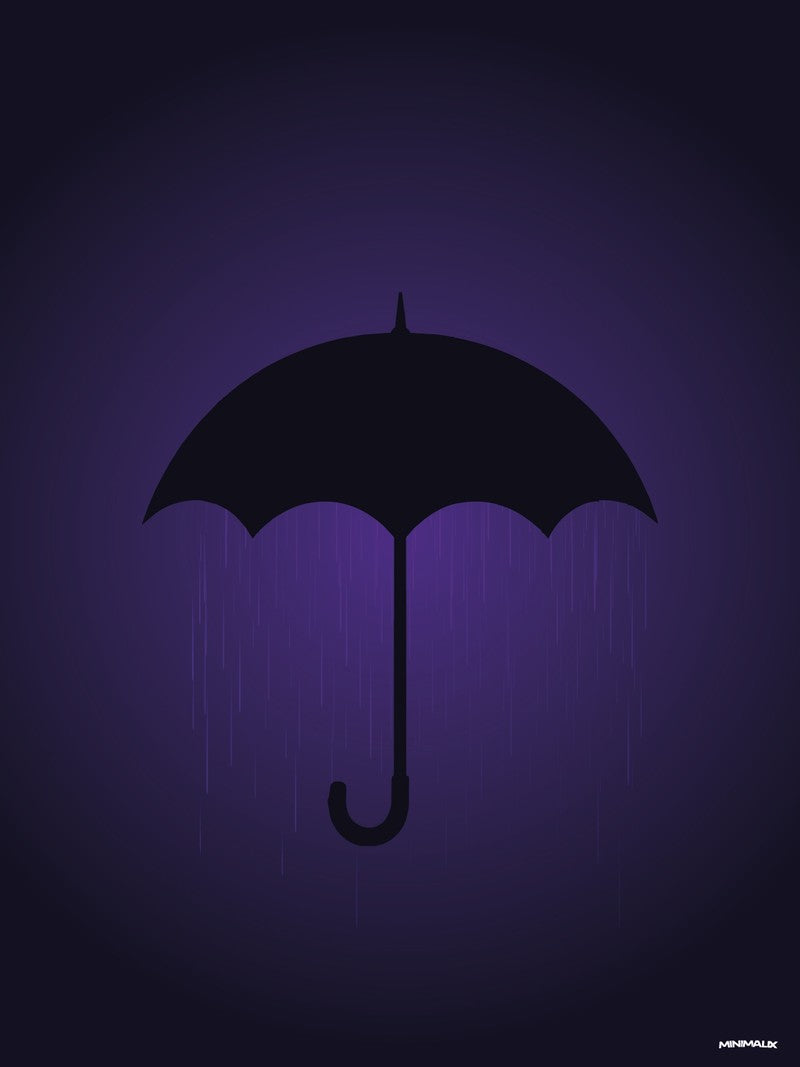 Affiche minimaliste bleue : la silhouette noire d'un parapluie ouvert à manche courbé, sous laquelle tombent de fines lignes de pluie, sur un fond bleu nuit dégradé