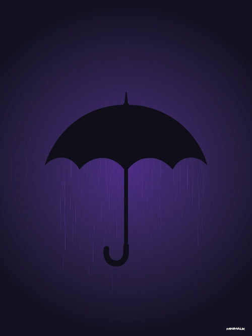 Affiche minimaliste bleue : la silhouette noire d'un parapluie ouvert à manche courbé, sous laquelle tombent de fines lignes de pluie, sur un fond bleu nuit dégradé