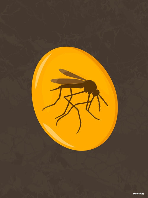 Affiche minimaliste marron et orange : un moustique figé dans une goutte d'ambre dorée sur un fond brun texturé