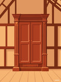 Affiche minimaliste marron : une grande armoire en bois rouge sombre à deux portes et colonnes cannelées, dans une pièce à colombages beige au plancher clair