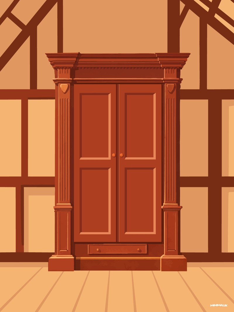 Affiche minimaliste marron : une grande armoire en bois rouge sombre à deux portes et colonnes cannelées, dans une pièce à colombages beige au plancher clair