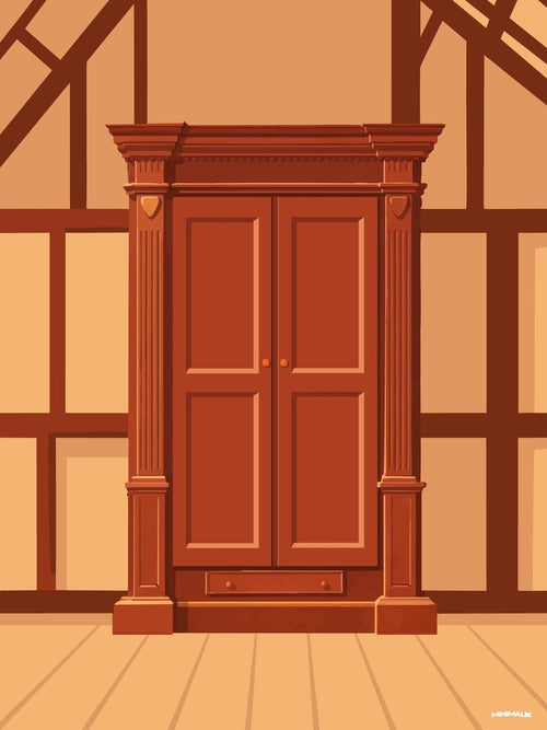 Affiche minimaliste marron : une grande armoire en bois rouge sombre à deux portes et colonnes cannelées, dans une pièce à colombages beige au plancher clair