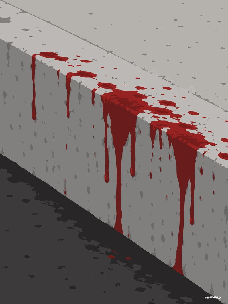 Affiche minimaliste grise et rouge : un bord de trottoir en béton vu de biais, avec des coulures rouges sur l'arête