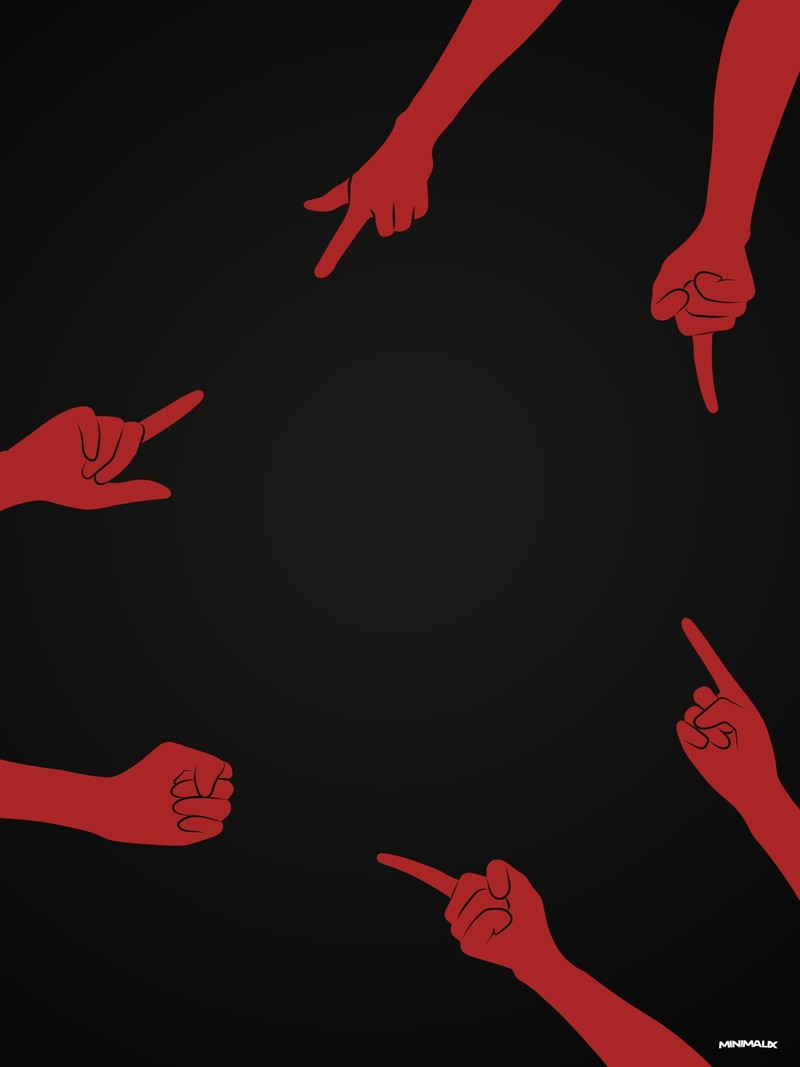 Affiche minimaliste noire : cinq bras rouges surgissent des bords et pointent l'index vers le centre vide d'un fond noir, l'un d'eux serre le poing