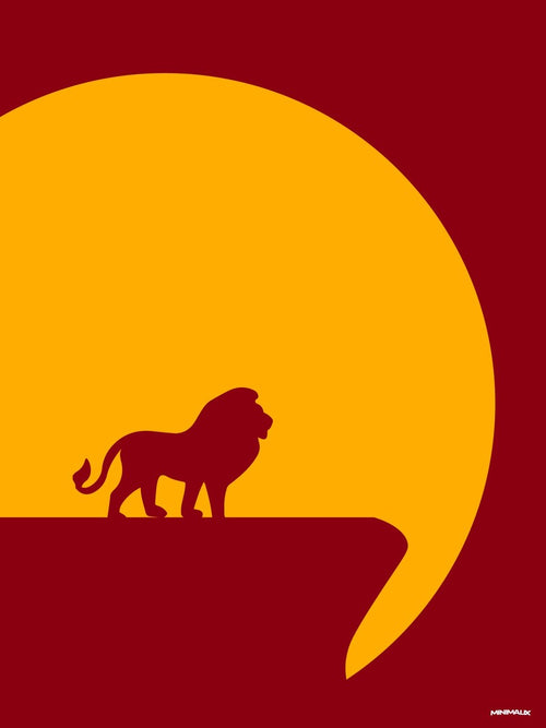 Affiche minimaliste rouge et jaune : la silhouette rouge d'un lion à crinière debout sur un promontoire rocheux, devant un immense soleil jaune sur fond bordeaux