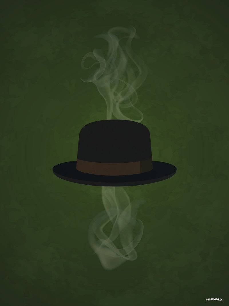 Affiche minimaliste verte : un chapeau noir à ruban brun flotte au centre, des volutes de fumée pâle montent au-dessus et en dessous, fond vert sombre tacheté