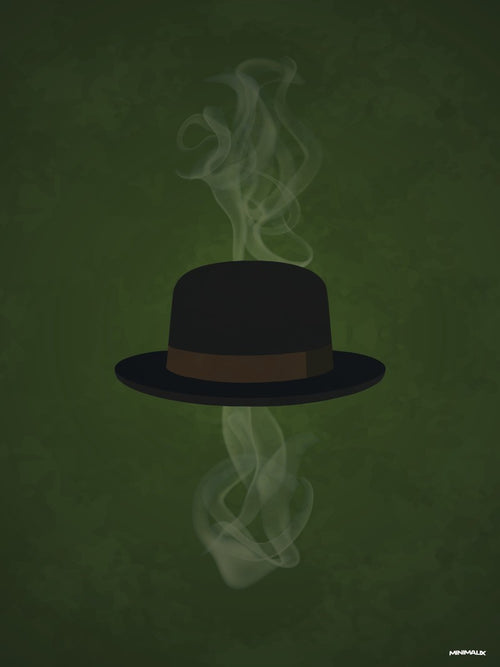 Affiche minimaliste verte : un chapeau noir à ruban brun flotte au centre, des volutes de fumée pâle montent au-dessus et en dessous, fond vert sombre tacheté