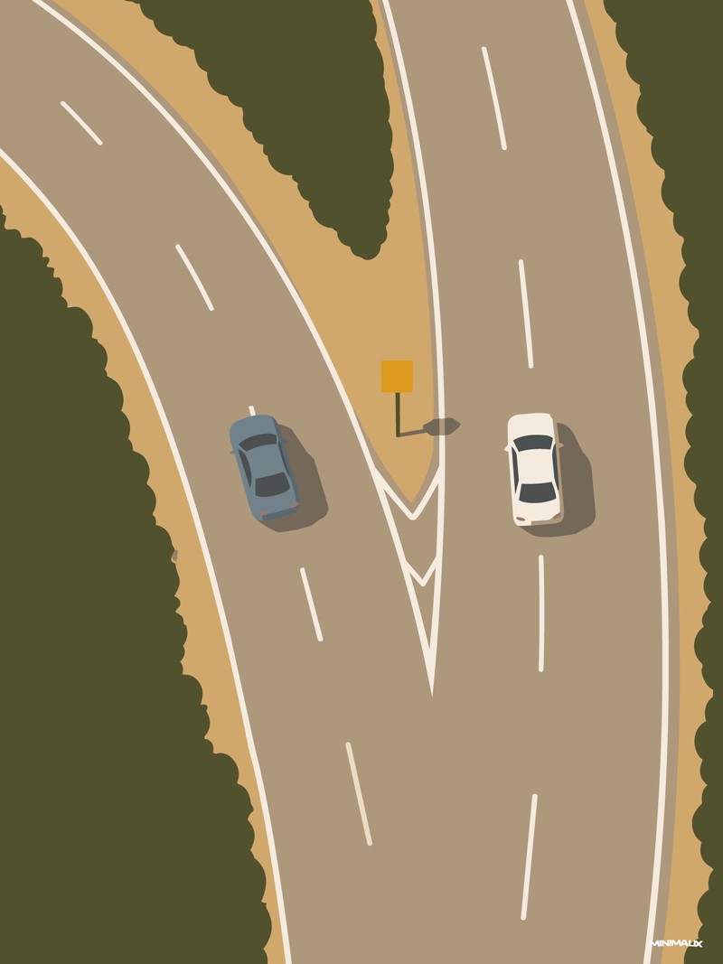 Affiche minimaliste vue de dessus : deux voitures, une bleue et une blanche, à une bifurcation de route bordée de verdure