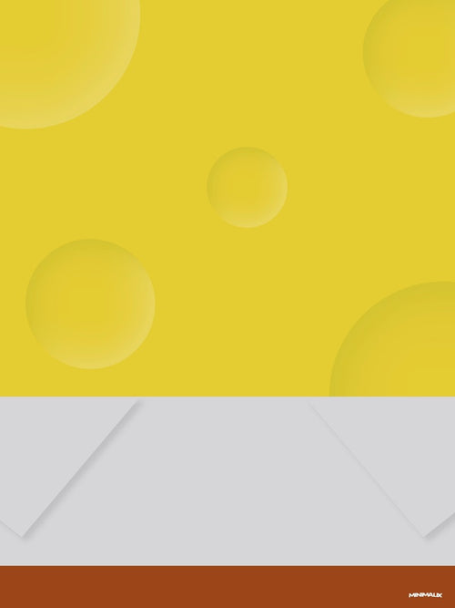 Affiche minimaliste jaune : une large surface jaune criblée de creux ronds surmonte un col blanc plié en deux pointes et une bande brune