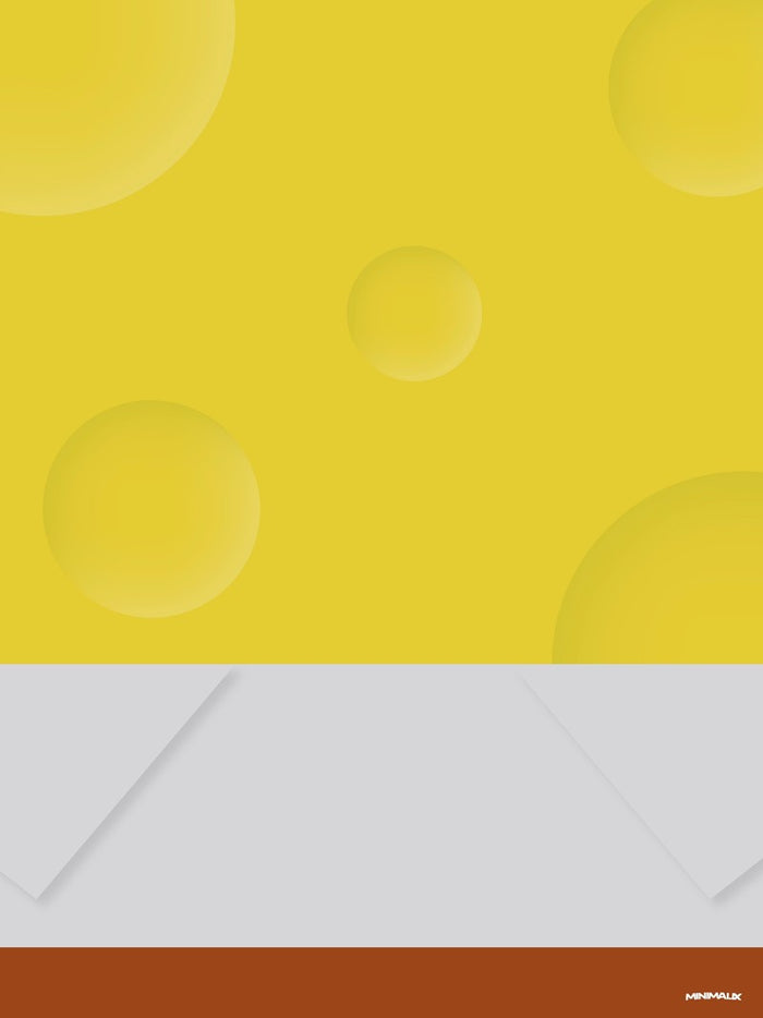 Affiche minimaliste jaune : une large surface jaune criblée de creux ronds surmonte un col blanc plié en deux pointes et une bande brune