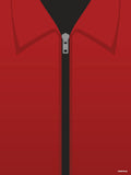 Affiche minimaliste rouge : col ouvert d'une combinaison rouge en plein cadre, fermeture éclair grise entrouverte sur un fond noir