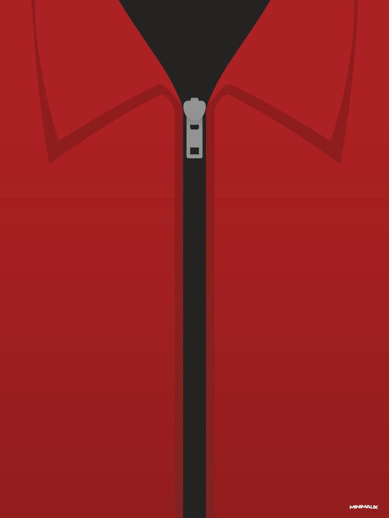 Affiche minimaliste rouge : col ouvert d'une combinaison rouge en plein cadre, fermeture éclair grise entrouverte sur un fond noir
