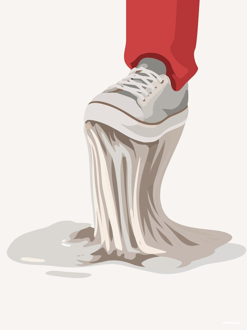 Affiche minimaliste blanche : une basket blanche sous un pantalon rouge, la semelle collée dans une flaque grise qui s'étire en longs fils élastiques, fond crème