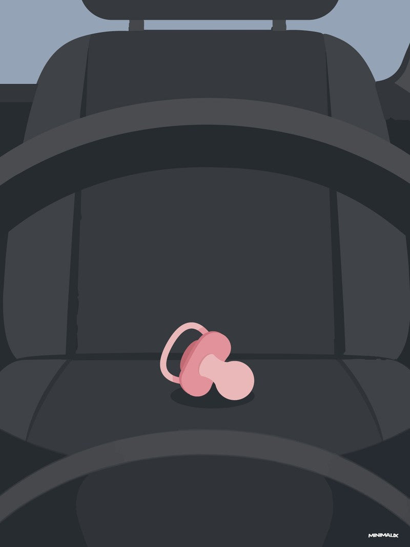 Affiche minimaliste noire : un siège de voiture vu de face, une tétine rose posée au centre de l'assise