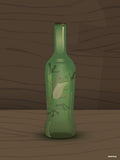 Affiche minimaliste verte et brune : une bouteille en verre vert posée sur une table en bois, un crapaud flotte à l'intérieur