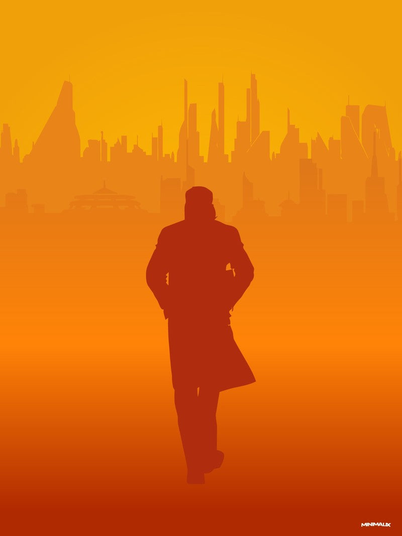 Affiche minimaliste orange : silhouette d'un homme en long manteau marchant vers une ville futuriste noyée dans une brume orange
