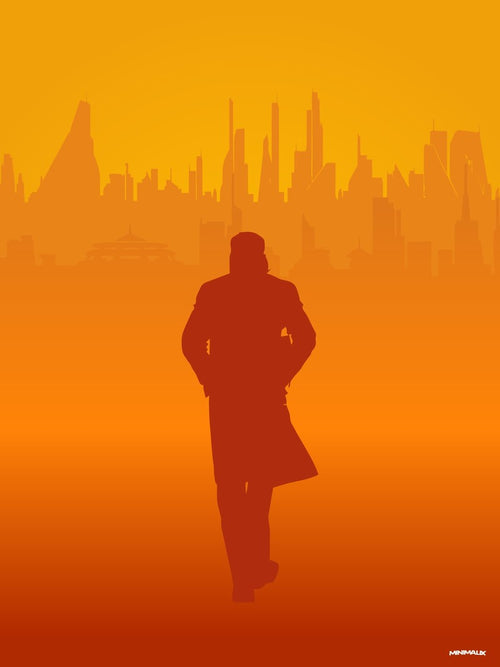Affiche minimaliste orange : silhouette d'un homme en long manteau marchant vers une ville futuriste noyée dans une brume orange