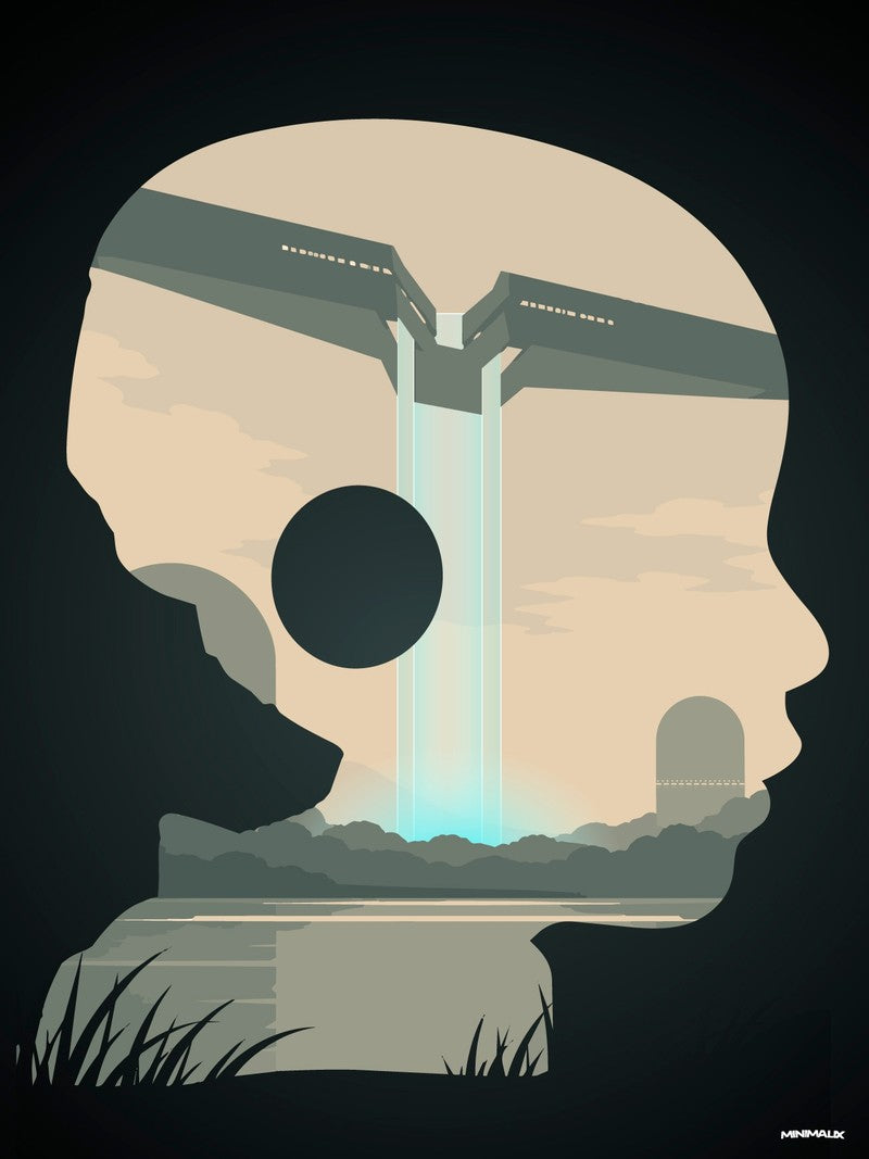 Affiche minimaliste noire : un profil d'enfant découpé dans un fond sombre et rempli d'un paysage de lac surmonté d'un vaisseau en V