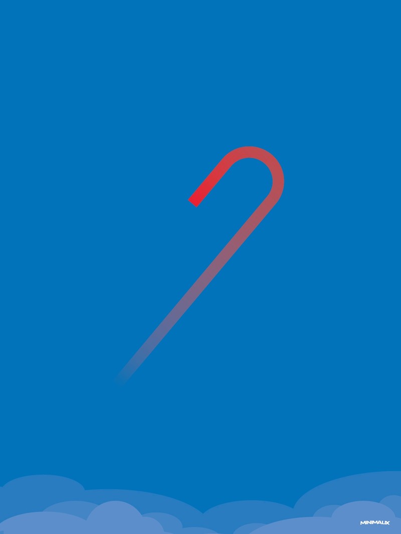 Affiche minimaliste bleue : une traînée dégradée du bleu au rouge qui monte en diagonale et fait demi-tour en crochet, sur un ciel bleu vif avec des nuages en bas