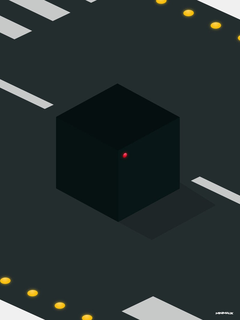 Affiche minimaliste noire : un cube noir posé de biais sur une piste d'aéroport sombre, un point rouge allumé sur une arête, marquages blancs et feux jaunes
