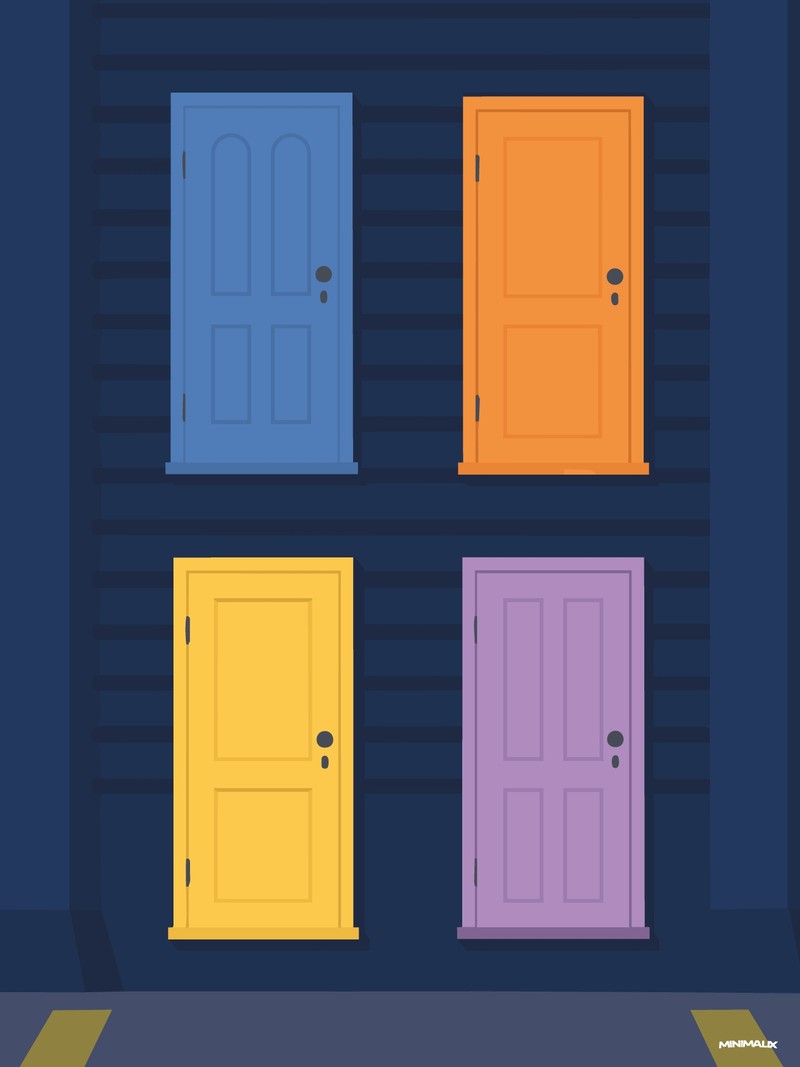 Affiche minimaliste bleu nuit : quatre portes de placard bleue, orange, jaune et violette alignées deux par deux sur un fond bleu marine rayé