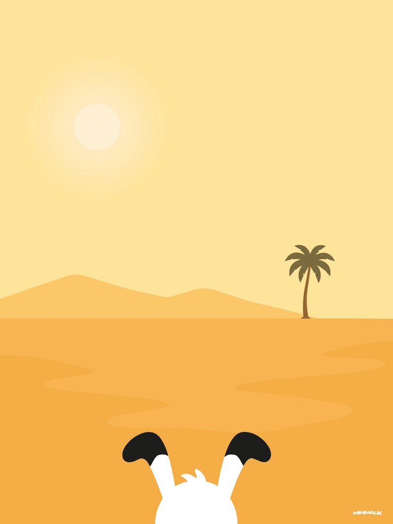 Affiche minimaliste orange : un petit chien blanc vu de dos, deux oreilles à bout noir dressées, face à des dunes, un palmier et un soleil pâle