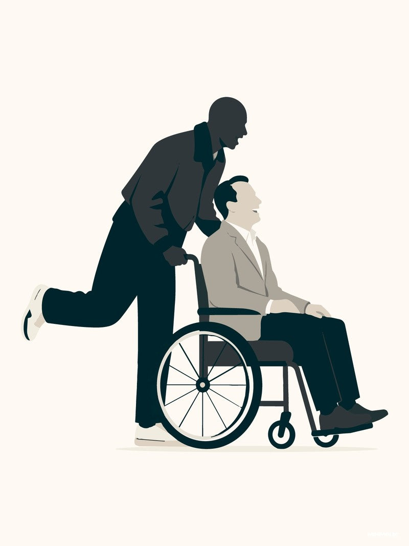 Affiche minimaliste beige : un homme en manteau sombre pousse en courant un fauteuil roulant où un homme en veste claire rit, jambe levée derrière lui