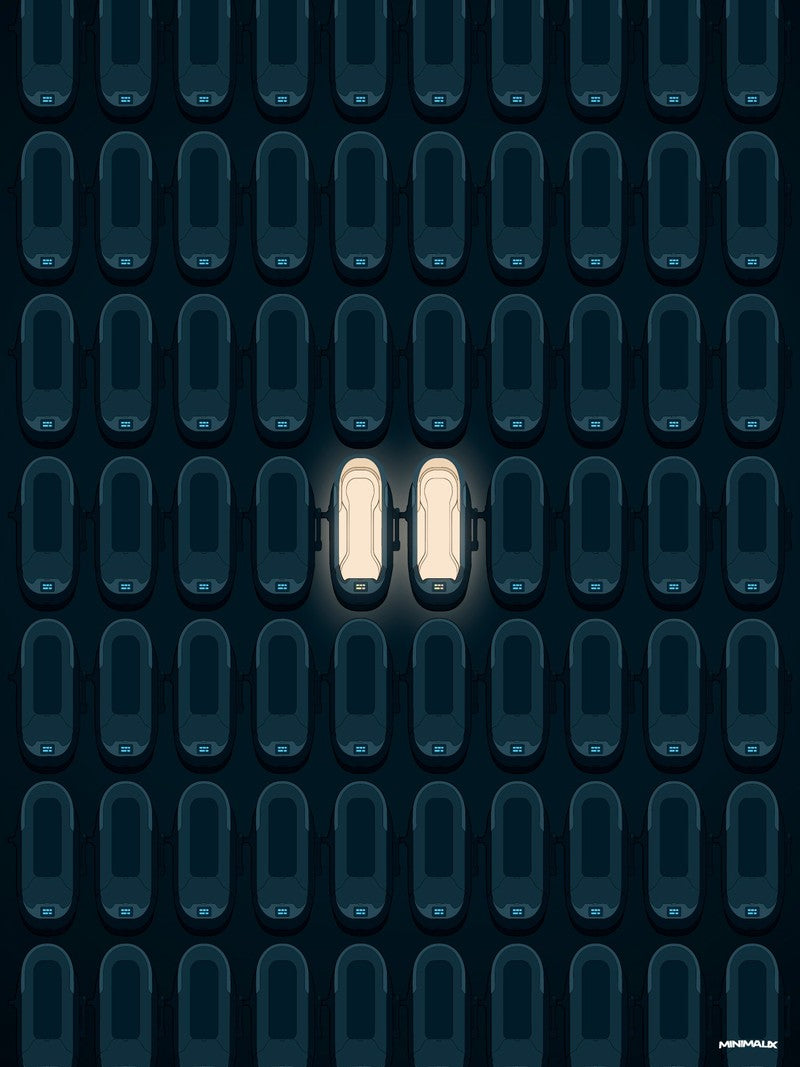 Affiche minimaliste bleu sombre : une grille de capsules ovales identiques vues du dessus, dont deux seulement sont éclairées en blanc au centre
