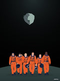 Affiche minimaliste noire : six silhouettes en combinaison orange marchent de front sur un sol gris, casque à la main, sous un astéroïde gris