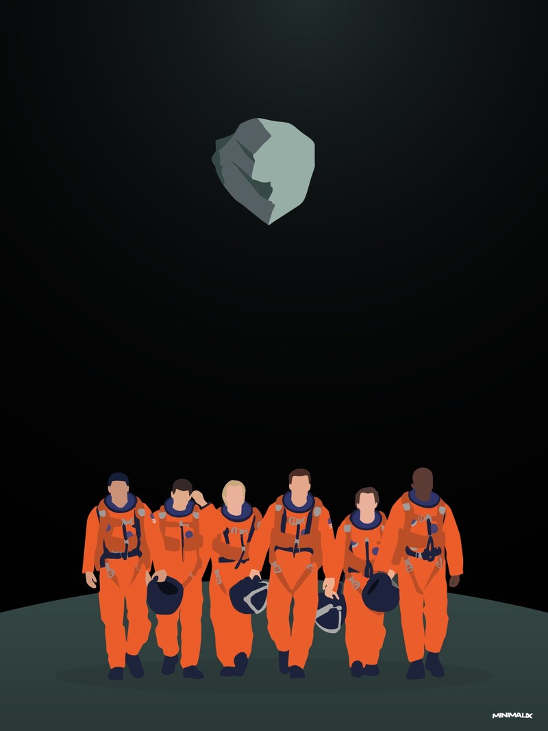 Affiche minimaliste noire : six silhouettes en combinaison orange marchent de front sur un sol gris, casque à la main, sous un astéroïde gris