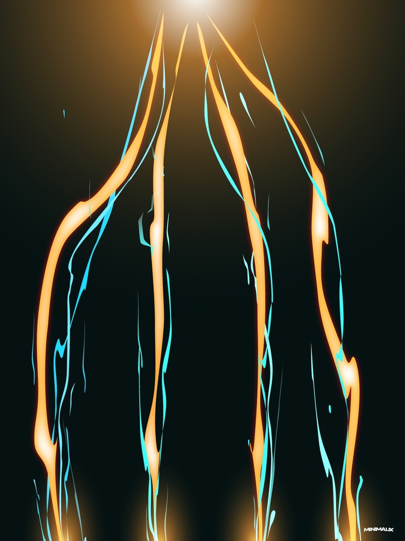 Affiche minimaliste noire et orange : quatre faisceaux d'énergie orange doublés d'arcs bleu turquoise, jaillis d'un point lumineux en haut et retombant en zigzag sur fond noir