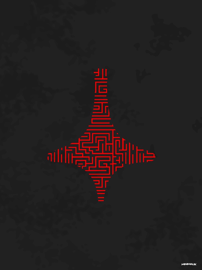 Affiche minimaliste noire et rouge : une toupie en silhouette dessinée en lignes de labyrinthe rouges sur un fond noir texturé