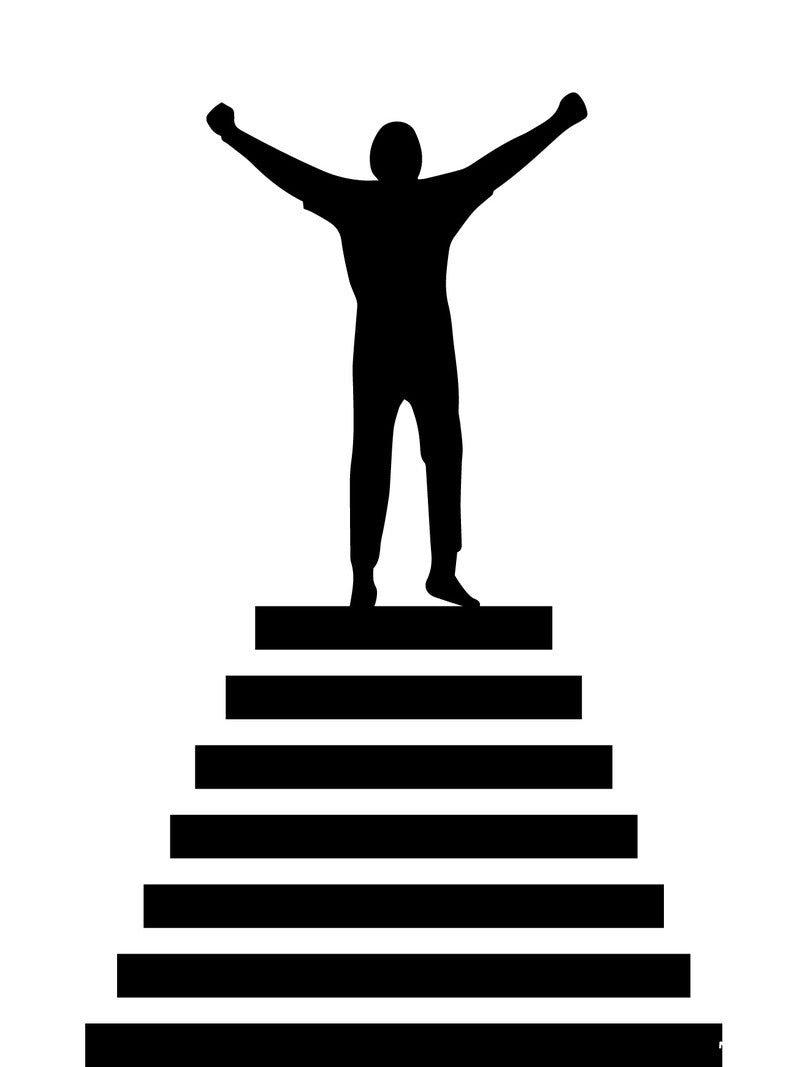 Affiche minimaliste noir et blanc : silhouette d'un homme bras levés au sommet d'un escalier de six marches