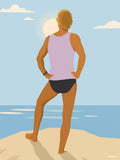 Affiche minimaliste bleu ciel : un homme de dos en marcel rose et slip noir, mains sur les hanches, face à la mer et au soleil