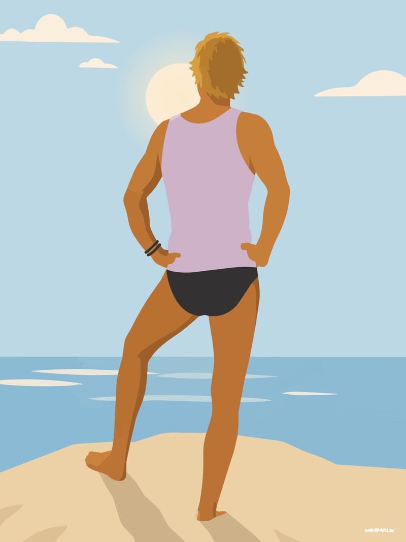 Affiche minimaliste bleu ciel : un homme de dos en marcel rose et slip noir, mains sur les hanches, face à la mer et au soleil