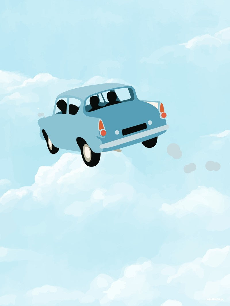 Affiche minimaliste bleu ciel : une vieille voiture bleu clair vue de dos vole entre les nuages, deux silhouettes à bord, feux arrière orange, petites volutes de fumée