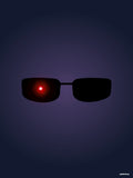 Affiche minimaliste violet foncé : une paire de lunettes de soleil noires rectangulaires, un œil rouge lumineux derrière le verre gauche, fond dégradé bleu nuit