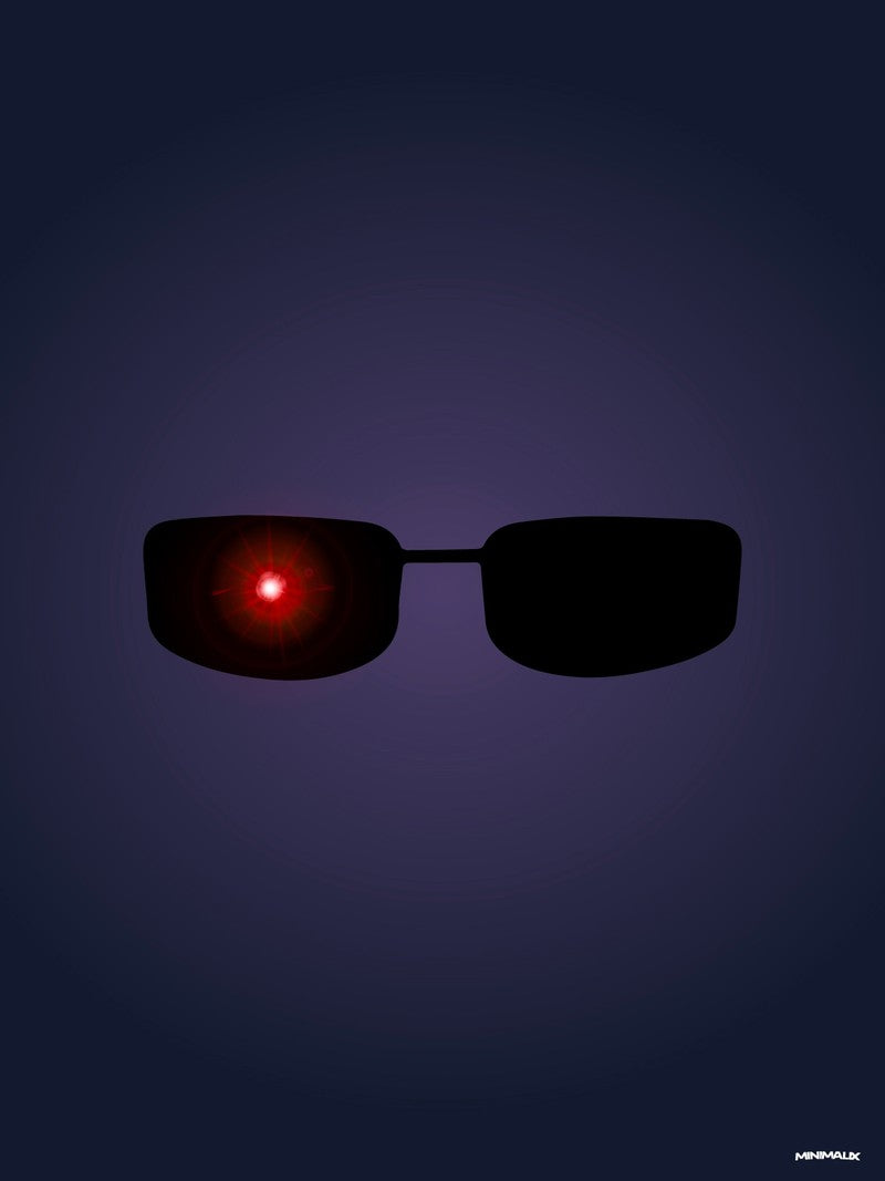 Affiche minimaliste violet foncé : une paire de lunettes de soleil noires rectangulaires, un œil rouge lumineux derrière le verre gauche, fond dégradé bleu nuit