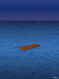 Affiche minimaliste bleue : une planche de bois brun flotte seule sur un océan bleu nuit sous un ciel étoilé, sans personne dessus
