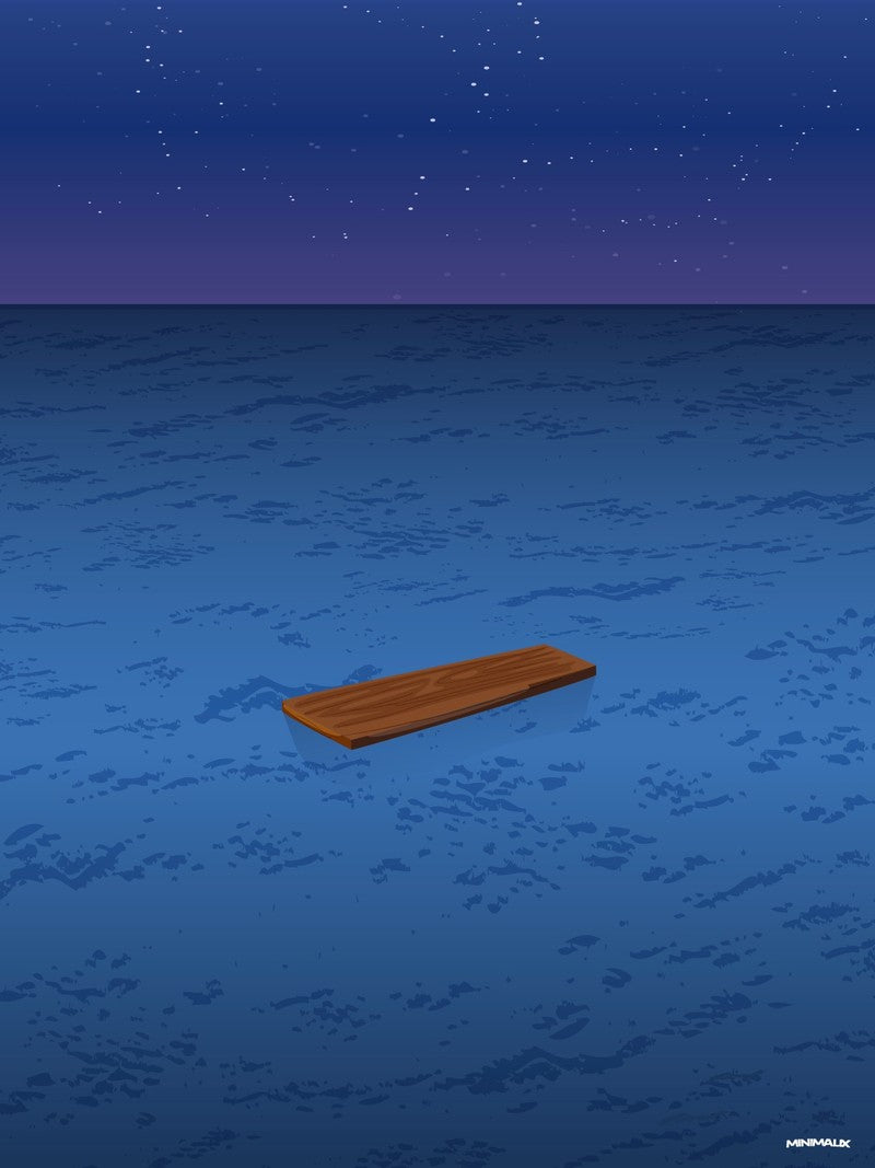 Affiche minimaliste bleue : une planche de bois brun flotte seule sur un océan bleu nuit sous un ciel étoilé, sans personne dessus