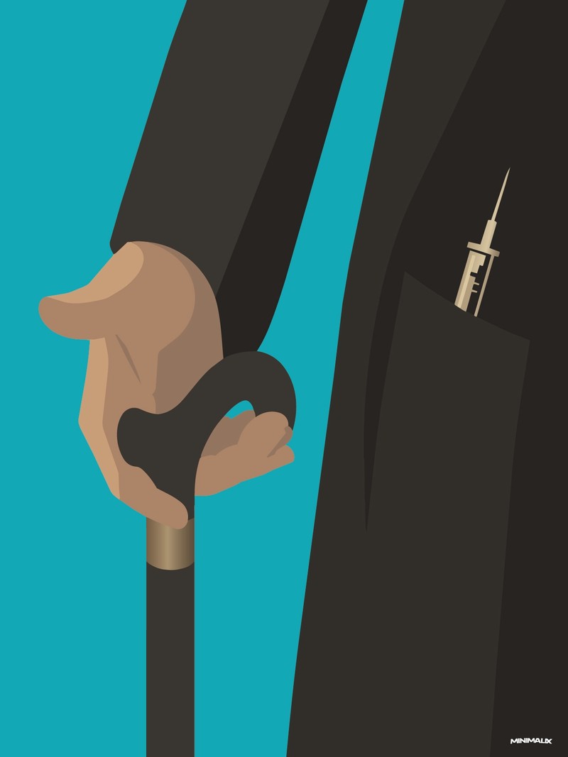 Affiche minimaliste verte : une main tenant une canne noire à pommeau courbé et bague dorée, un costume sombre, une seringue qui dépasse de la poche de la veste