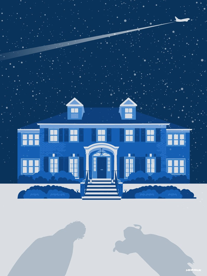 Affiche minimaliste bleue : grande maison de brique sous la neige, un avion qui s'éloigne dans la nuit et deux ombres d'hommes sur la pelouse blanche