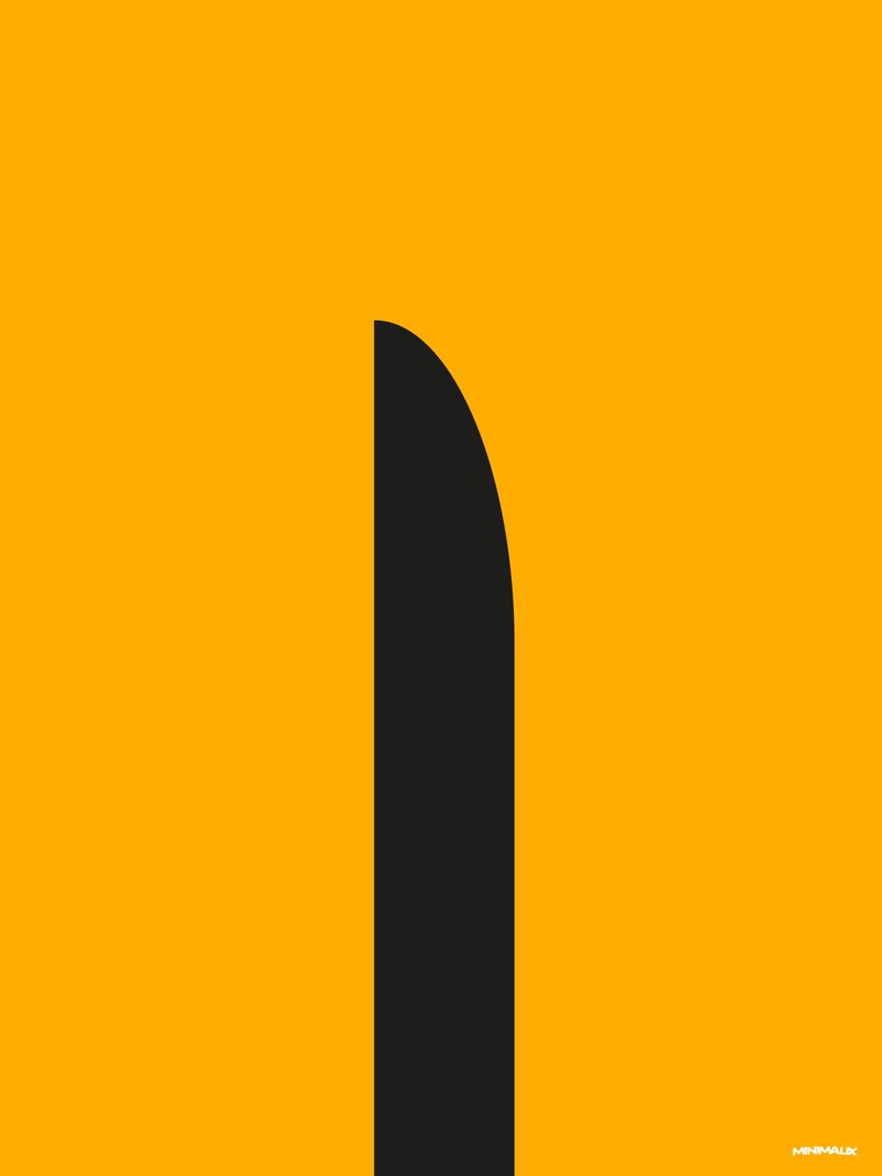 Affiche minimaliste jaune : la lame noire d'un katana dressée verticalement sur un fond jaune uni