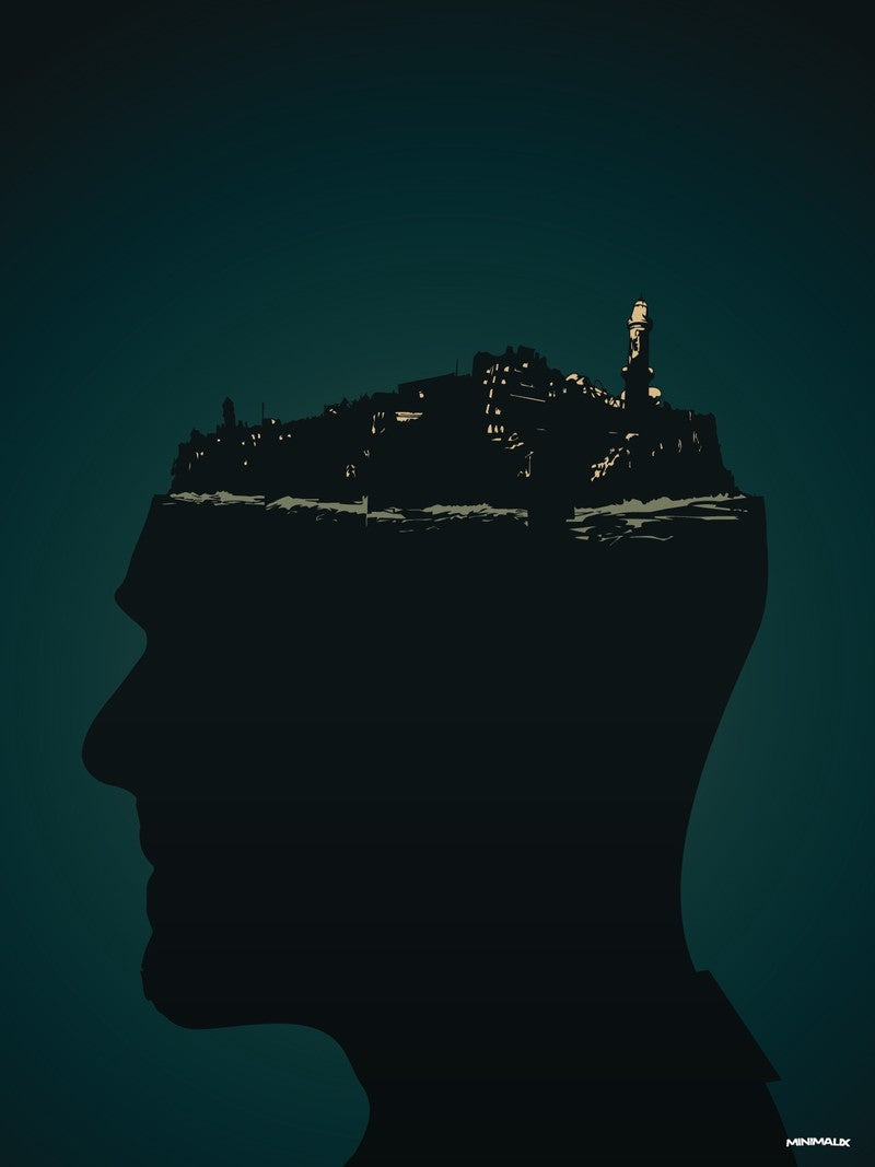 Affiche minimaliste vert sombre : profil d'une tête en silhouette noire dont le crâne porte une île avec un phare éclairé
