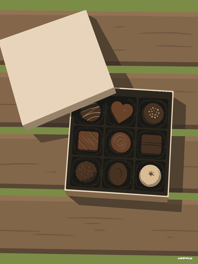 Affiche minimaliste verte et brune : une boîte de neuf chocolats ouverte sur les lattes d'un banc en bois, couvercle posé à côté