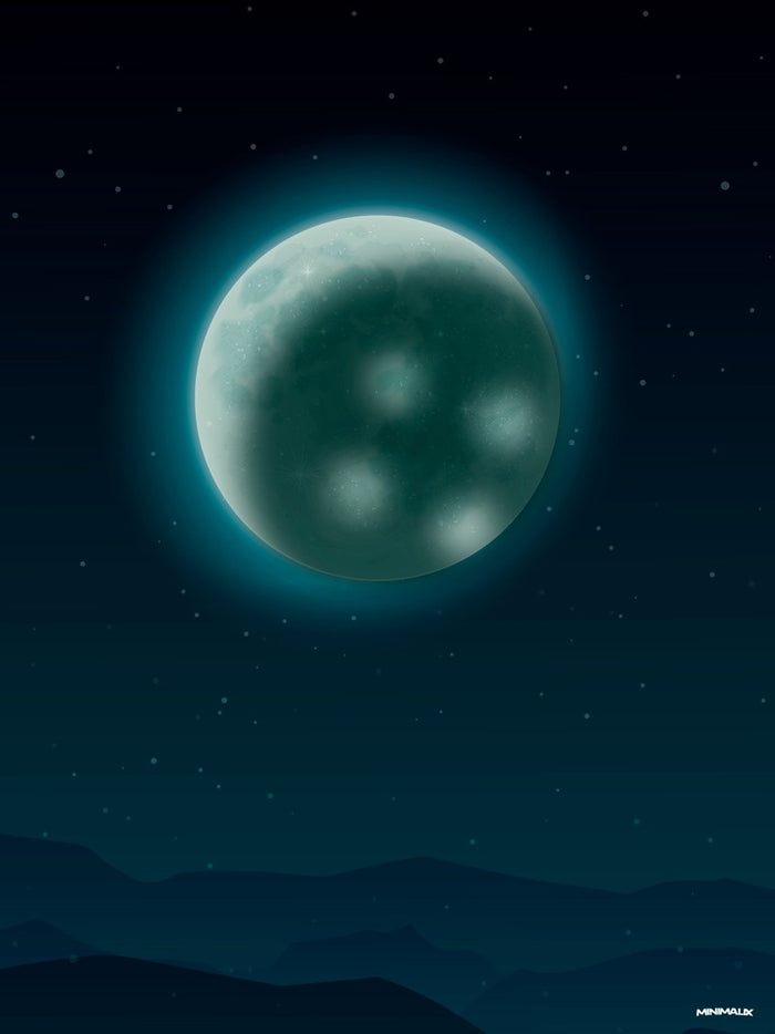 Affiche minimaliste bleu nuit : une pleine lune vert pâle cernée d'un halo lumineux, ciel constellé d'étoiles, collines sombres à l'horizon
