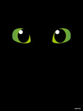 Affiche minimaliste noire : deux grands yeux verts en amande aux pupilles noires rondes et au reflet blanc, seuls sur un fond entièrement noir